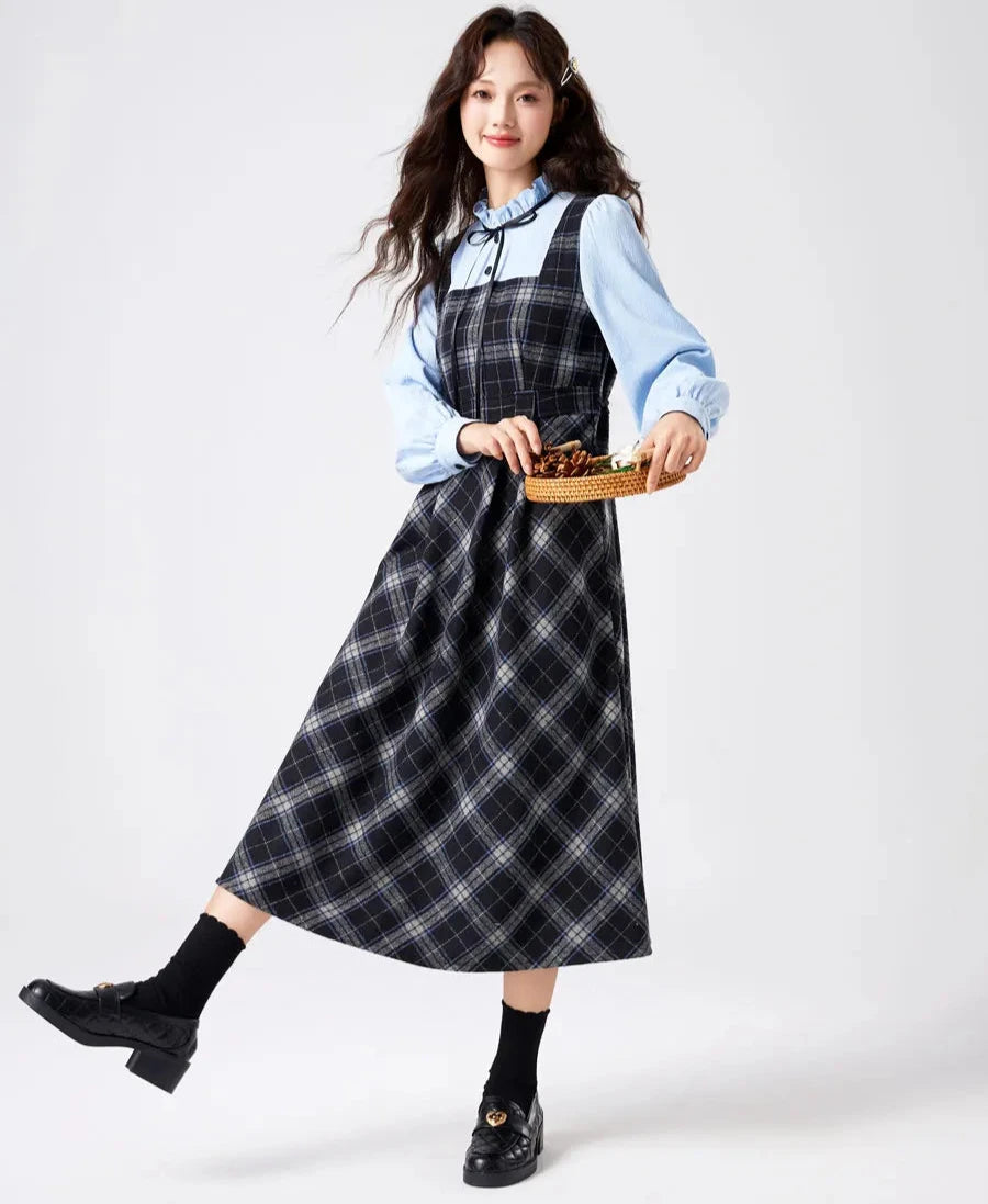 Blue Stories Dark Academia Plaid Long Sleeve Dress