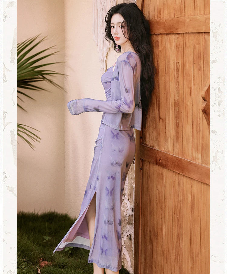 2-Piece Y2K Butterfly Slip Dress + Cardigan Set