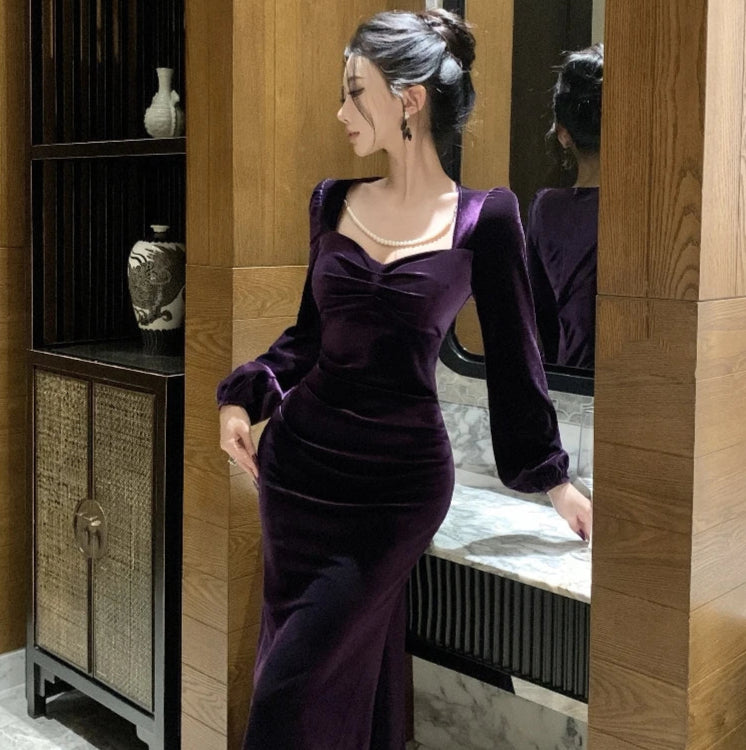 Purple Roseriver Pearl Chain Velvet Dress