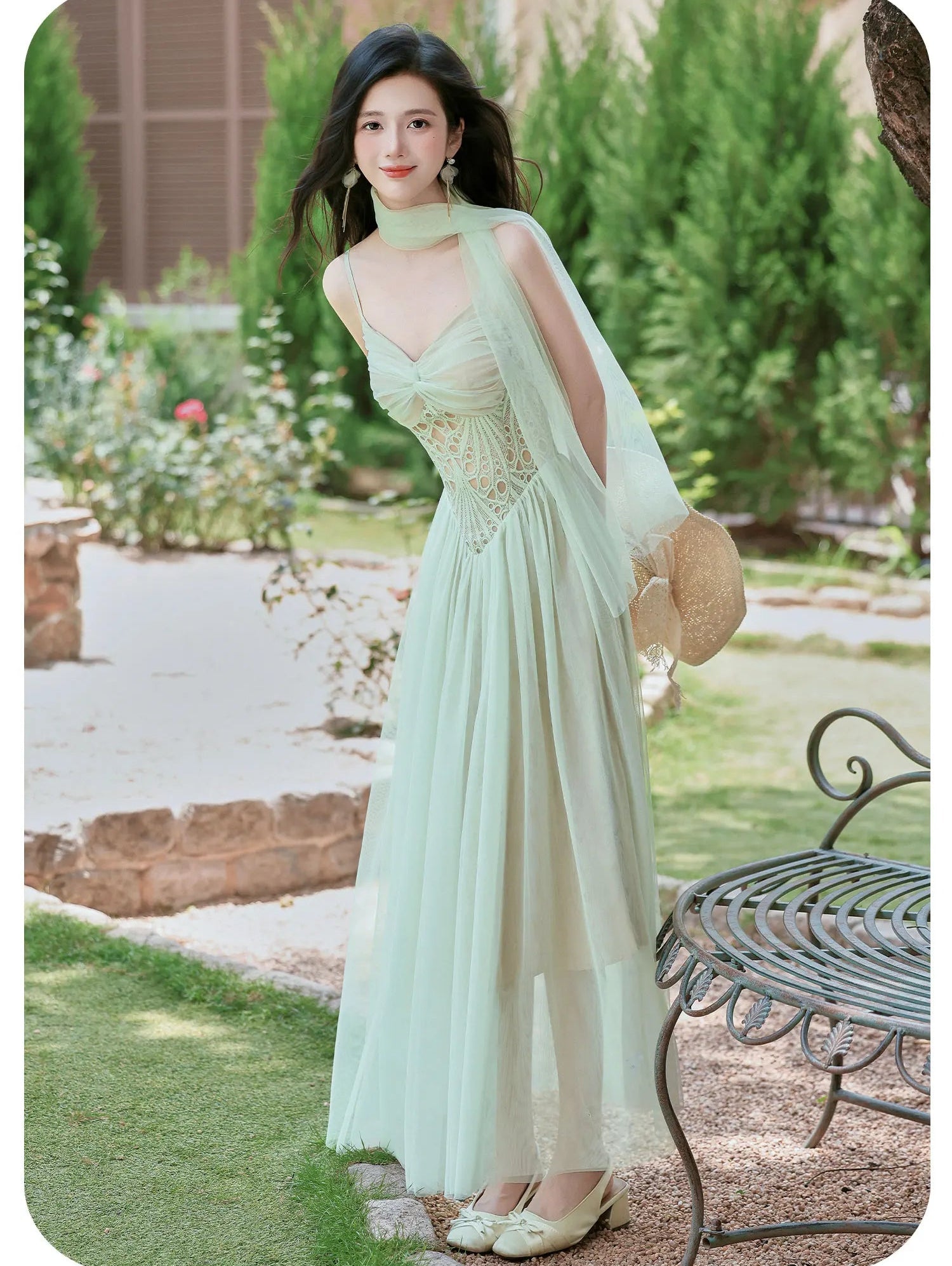 Mint-Green Fairy Princess Dress with Scarf balletcore mint dress