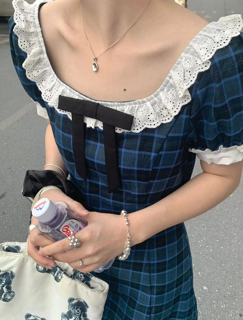 Blue Plaid Vintage-style Mini Dress