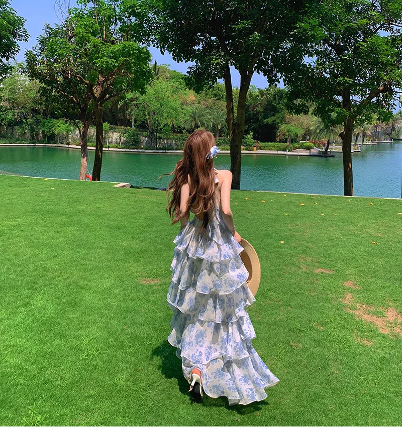 Blue Floral Fairycore Coquette Maxi Dress