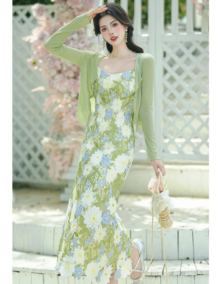 Daisy Vintage Style Flower Power Flower Applique Dress Green Witch Dress Daisy Vintage Style Flower Power Flower Applique Dress Green Witch Dress