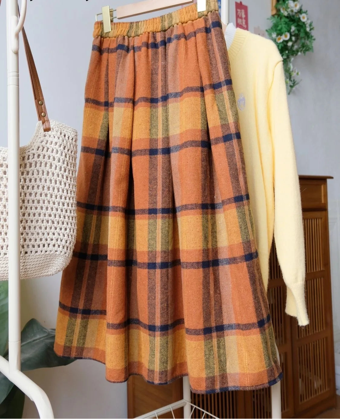 Fall Twig Plaid Wool Skirt