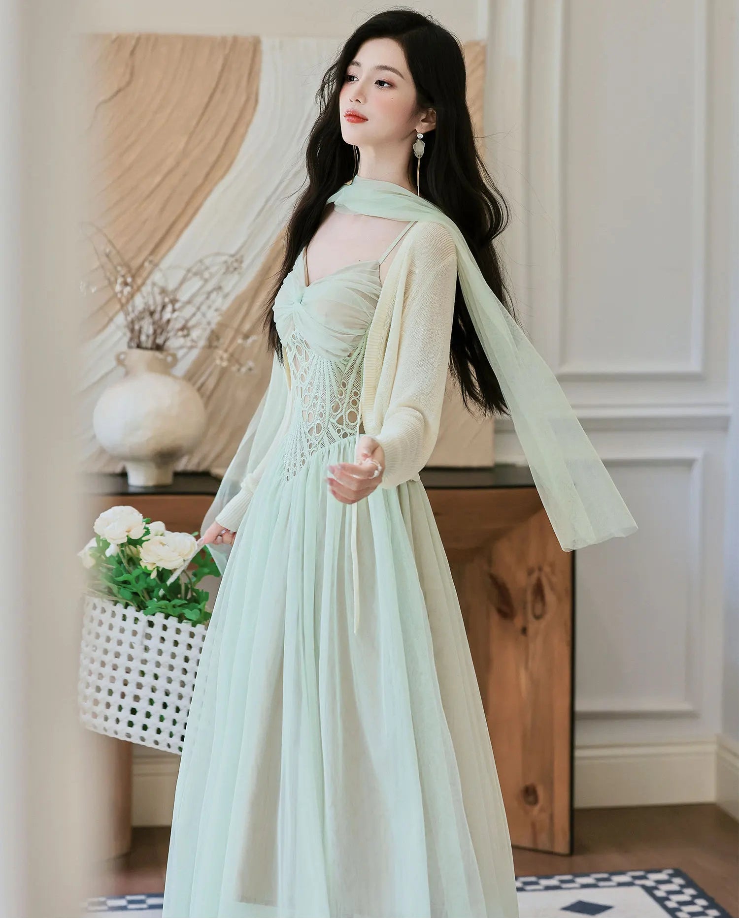 Seafoam-Green Fairy Princess Dress with Scarf