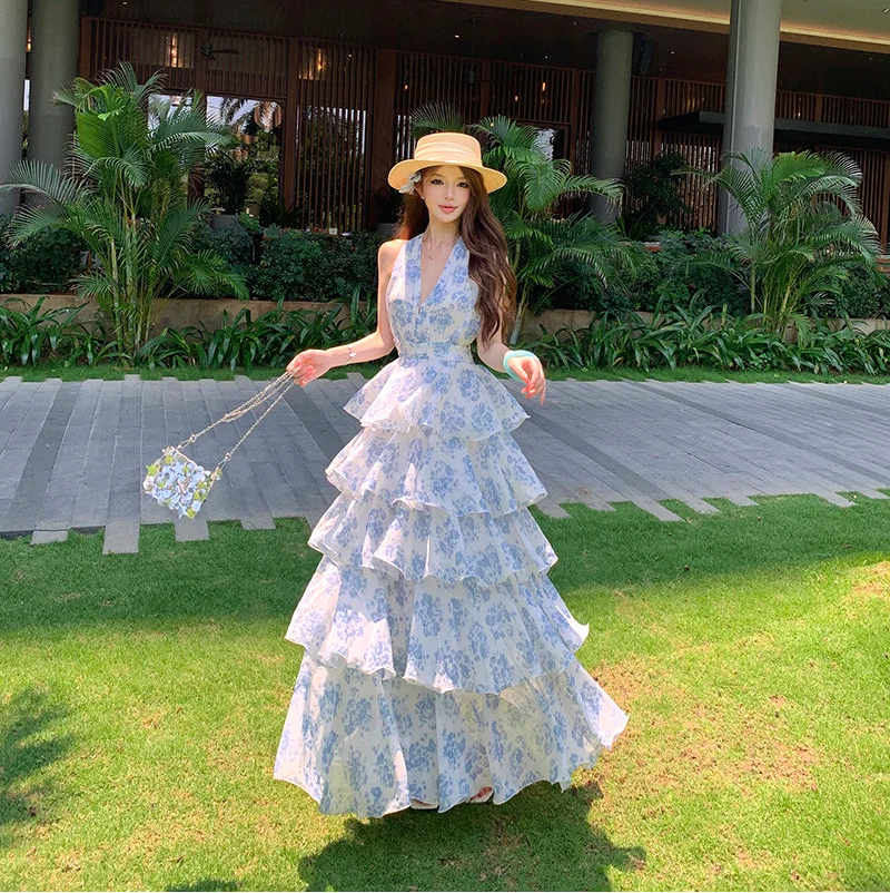 Duchess Dream Blue Floral Fairycore Coquette Maxi Dress