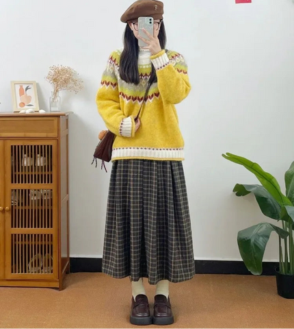 Winter Fog Wool Dark Academia Plaid Midi Skirt
