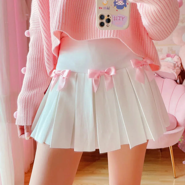 Vanilla Rose Coquette Style Pleated Mini Skirt with Bows