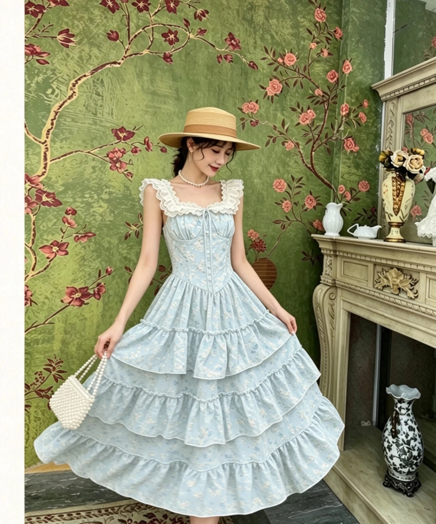 Vanessa Light Blue Floral Shabby Chic Coquette Dress