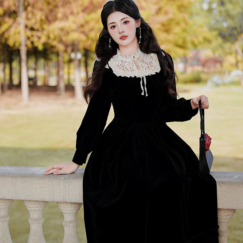 Koko Darkray Black Velvet Victorian-Style Dark Romantic Dress