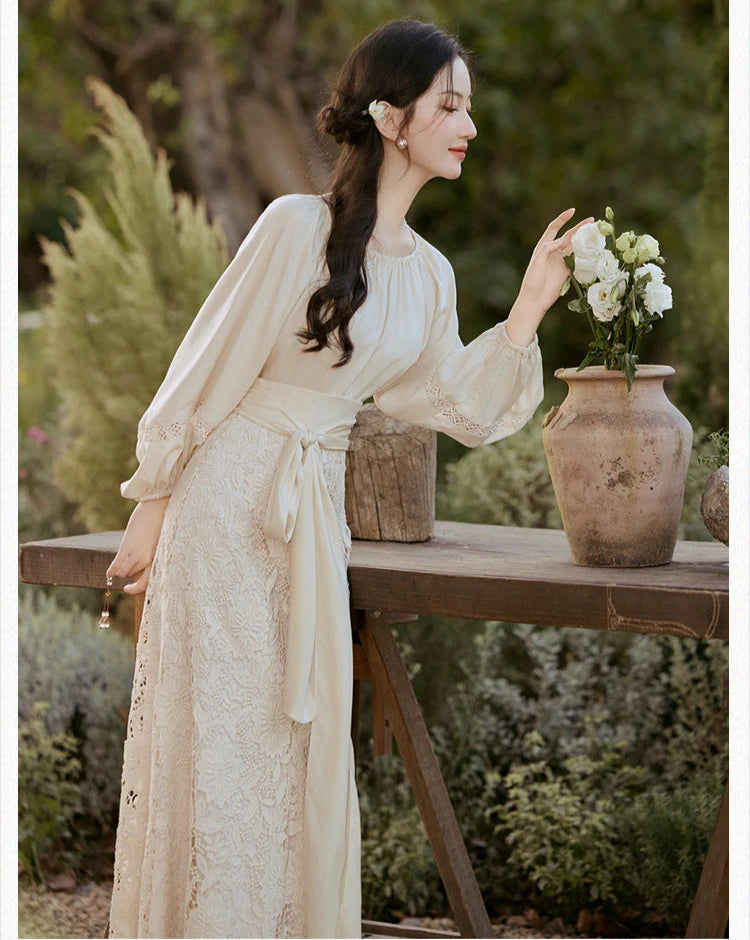 Lotus Heart Romantic Lace Cottagecore Dress Set