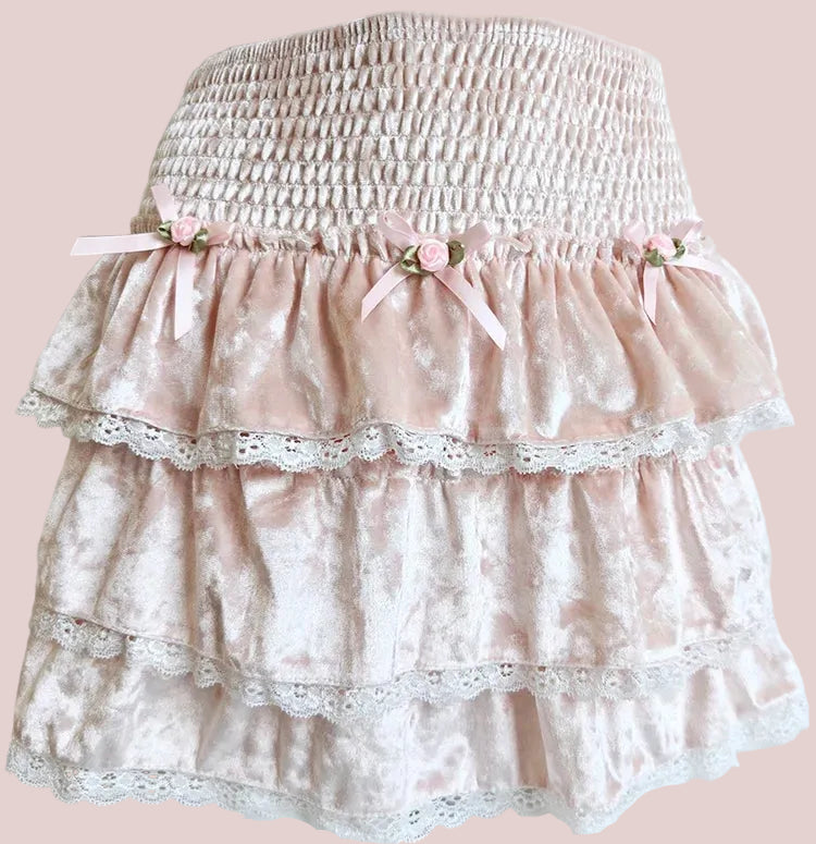 Pink Velvet Rose Decorated Coquete Mini Skirt