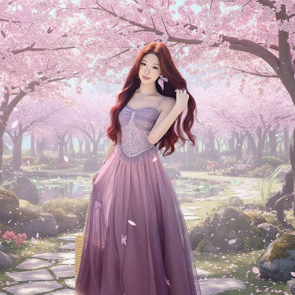 Magenta Petaltree Fairycore Prom Dress with Butterflies