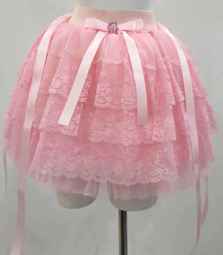 PinkBubble Princess Coquette Style Lace Bow Mini Skirt