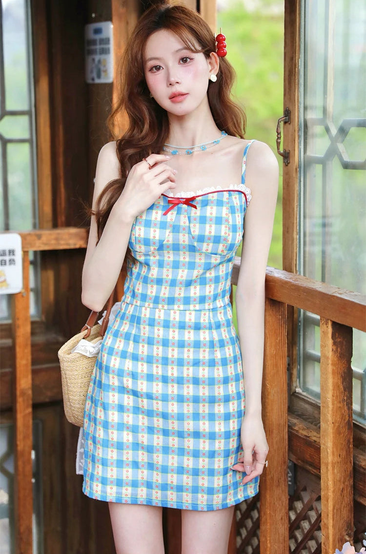 2-Piece Blue Plaid Picnic Dress Set