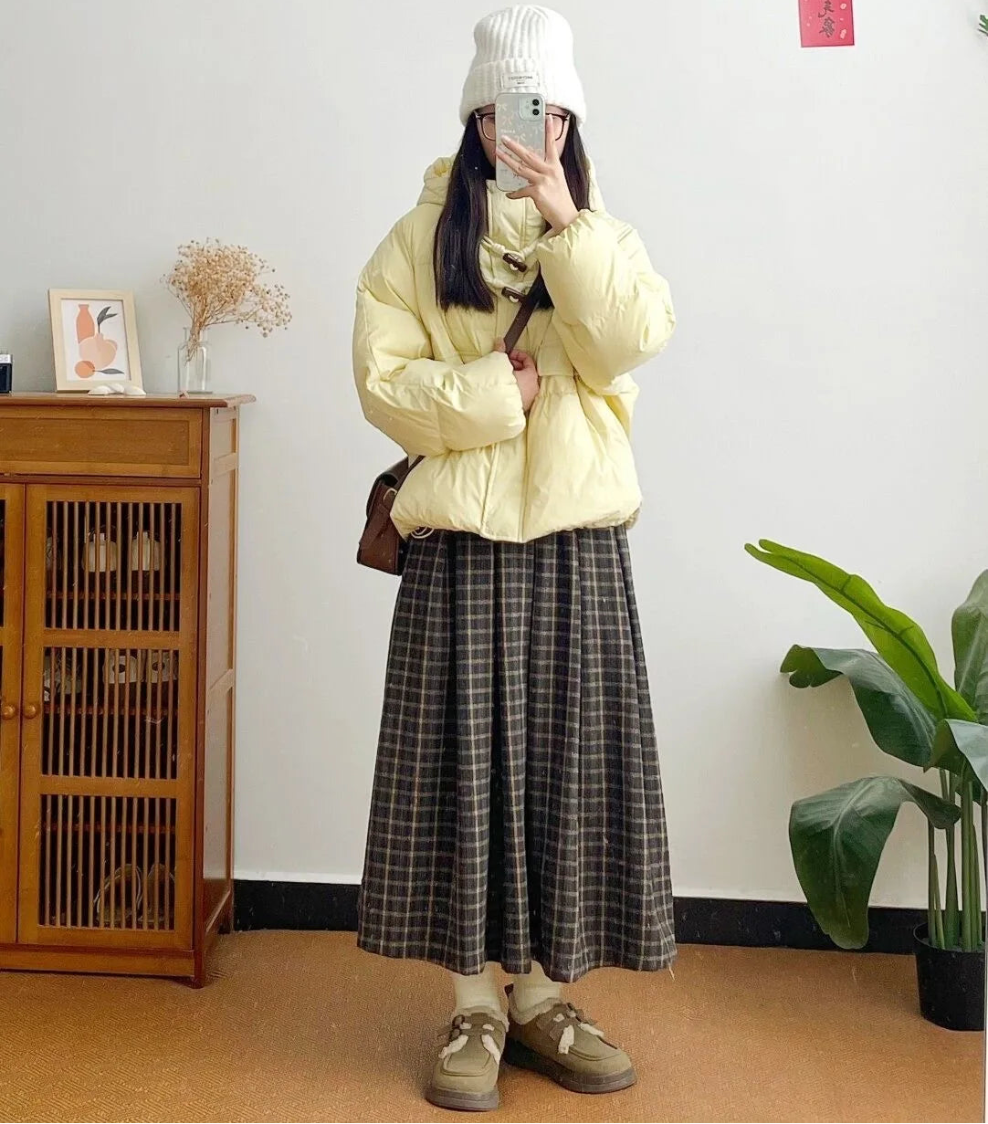 Winter Fog Wool Dark Academia Plaid Midi Skirt