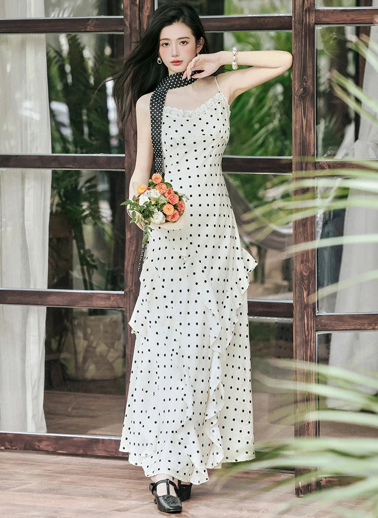 Lucy Coquette Polka Dot Maxi Dress 2-Piece Set (Dress+Scarf)