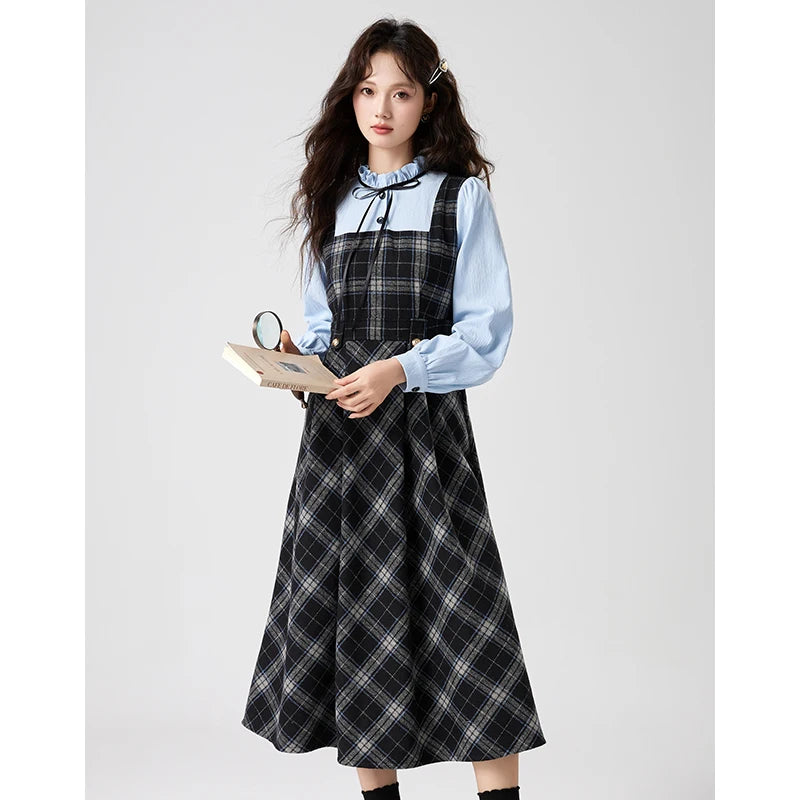 Blue Stories Dark Academia Plaid Long Sleeve Dress