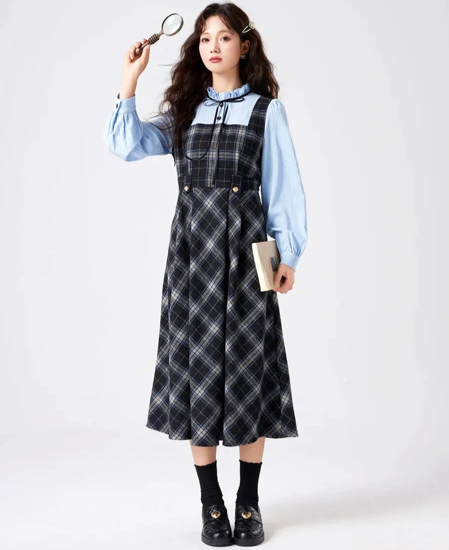 Blue Stories Dark Academia Plaid Long Sleeve Dress