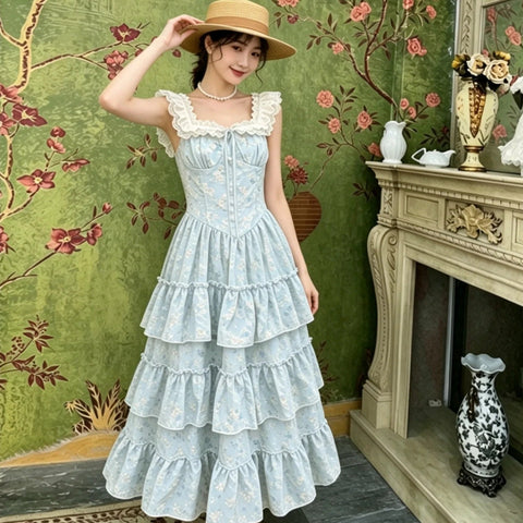 Vanessa Light Blue Floral Shabby Chic Coquette Dress
