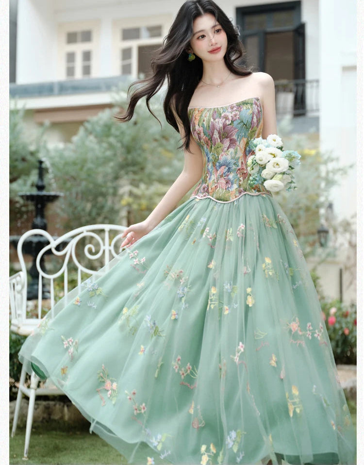 Fae Enchantment 2-Piece Flower Embroidered Green Fairy Dress Set