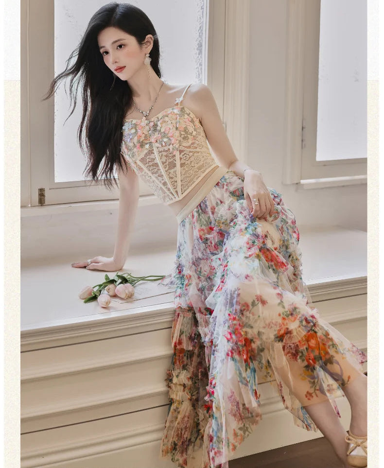 Elainna 3-Piece Outfit - Lace Bustier Top + Floral Ruffle Skirt + Cardigan
