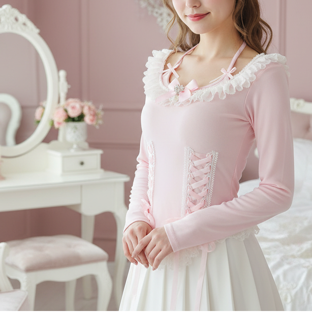 Pink/White Coquette Long Sleeve Lace-Up Kawaii Top