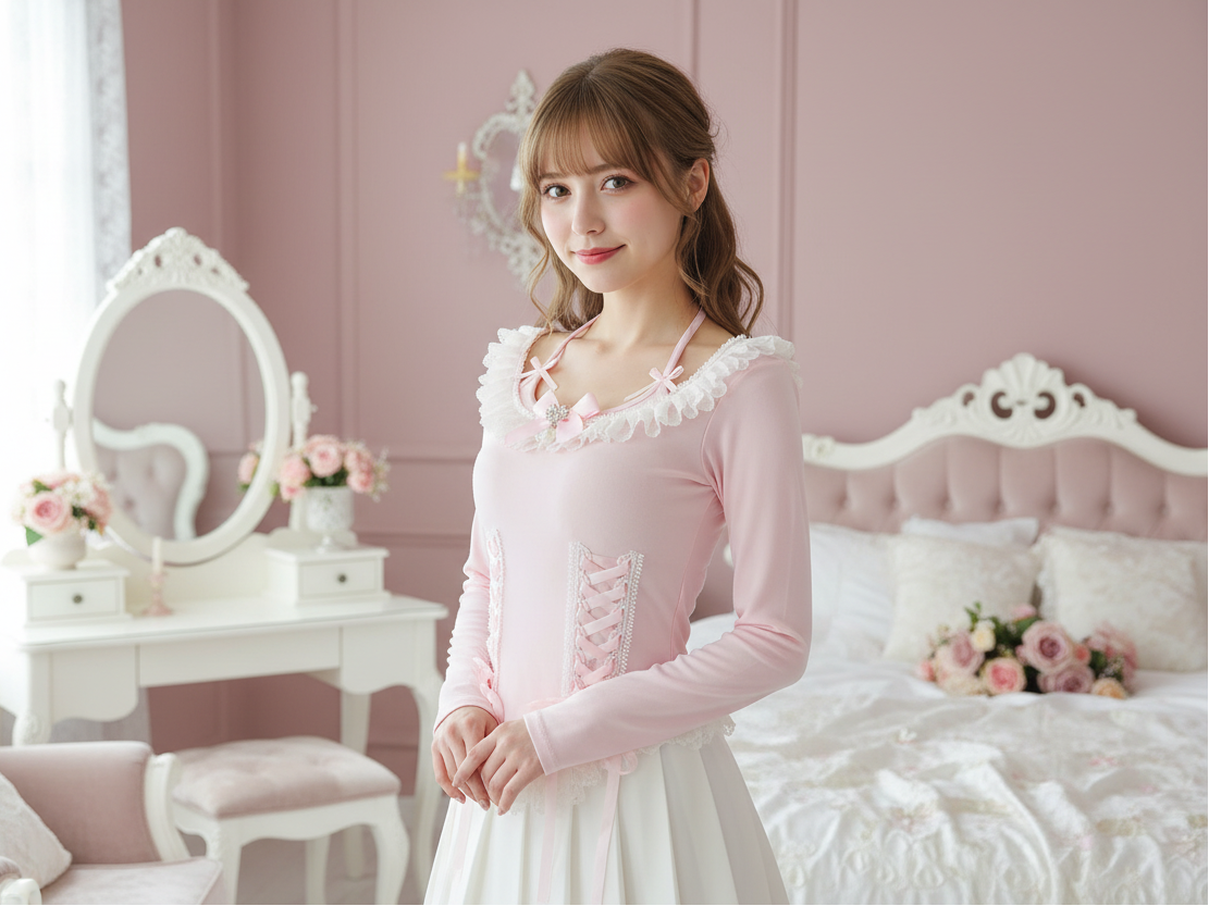 Pink/White Coquette Long Sleeve Lace-Up Kawaii Top