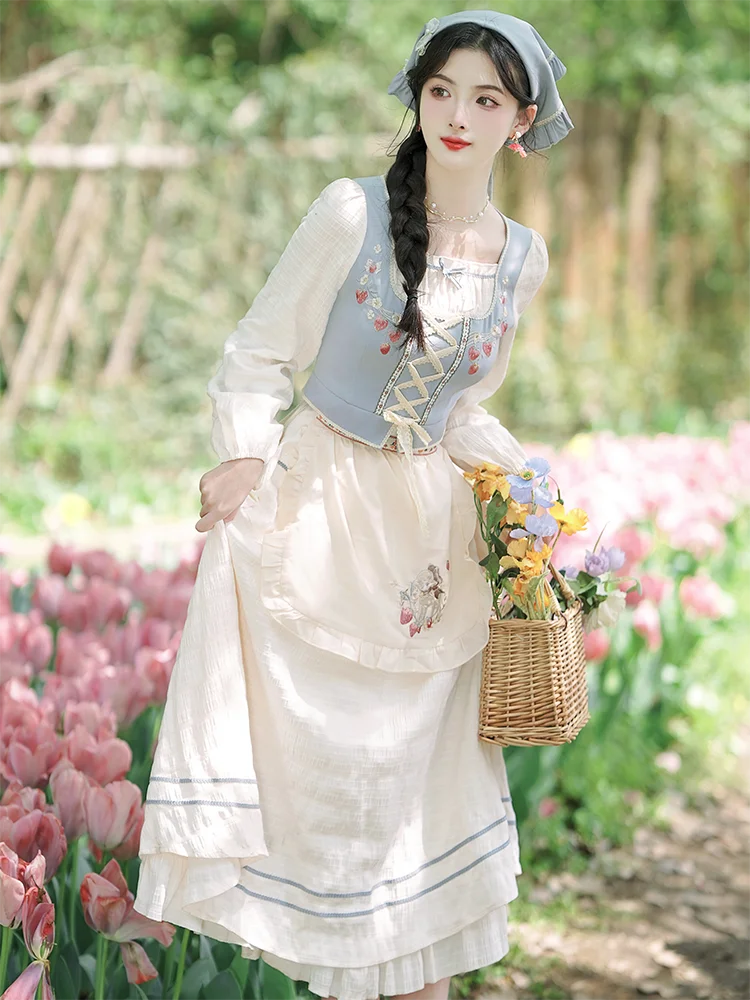 Strawberry Garden 3-Piece Set Cottagecore Dress with Head Scarf Cottage Witch