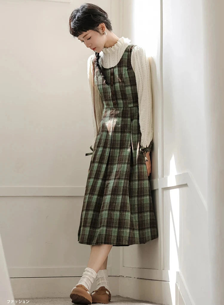 Slower Life Plaid Long Sleeve Cottagecore Dress