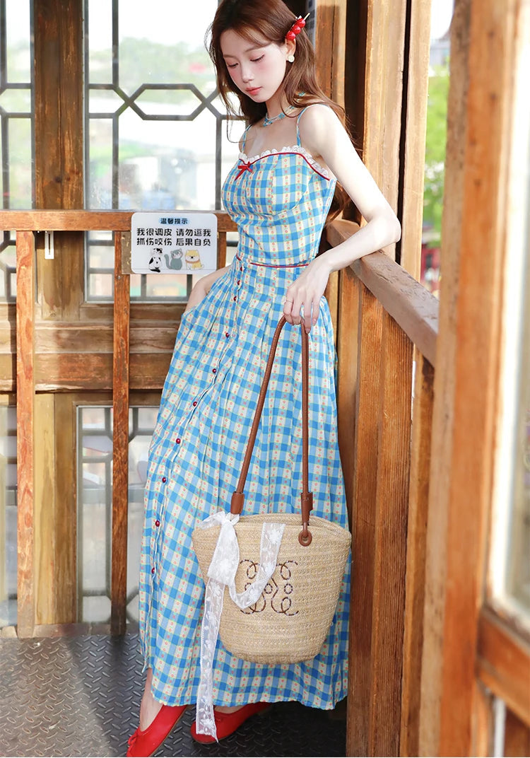 2-Piece Blue Plaid Picnic Dress Set