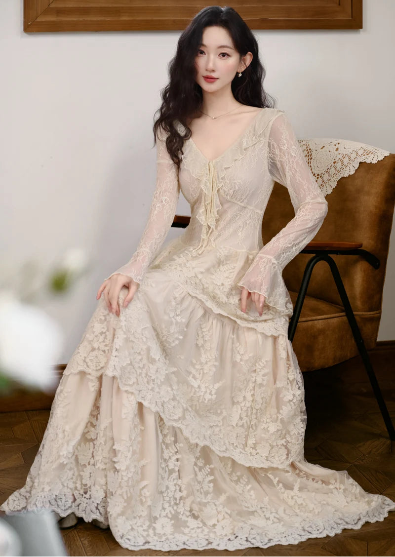 Estelia Romantic Royalcore Vintage-Style Lace Dress