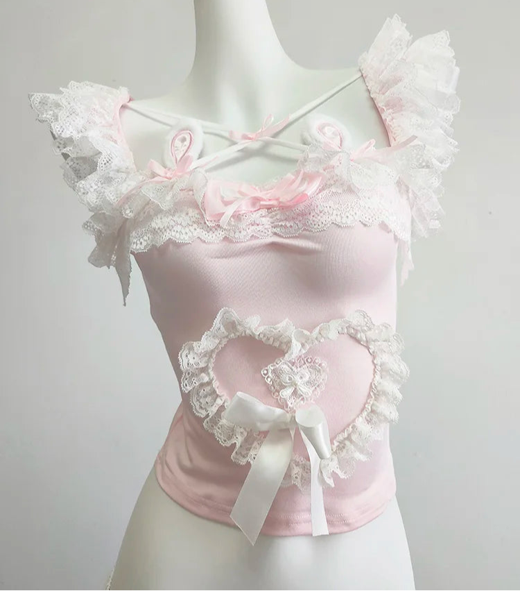 Wonder-hop Pink Coquette Bustier Top with Bunny Ears and Lace Ruffles