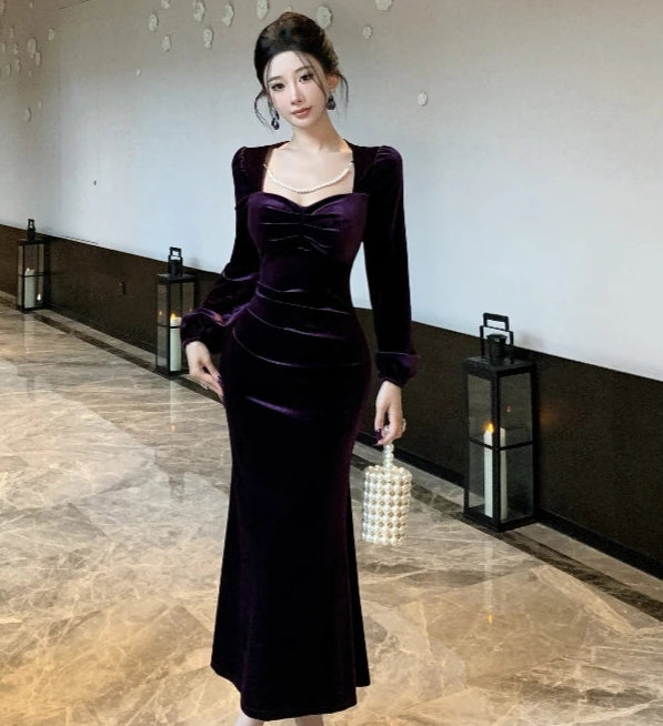 Purple Roseriver Pearl Chain Velvet Dress