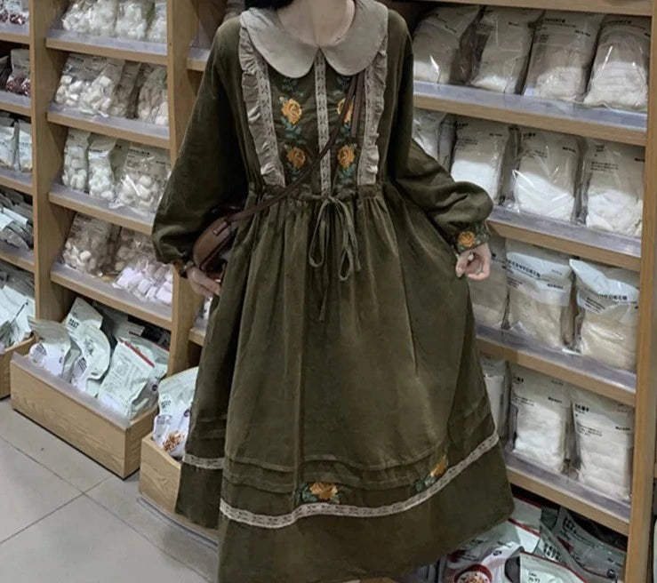 Clara Corduroy Cottagecore Dress with Embroidery