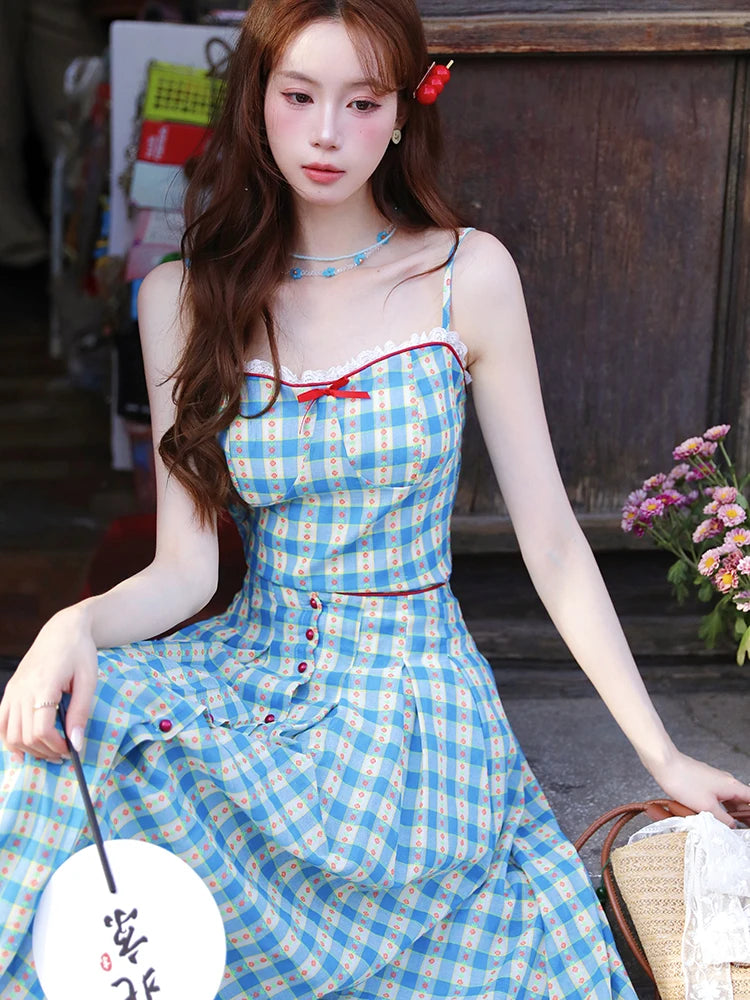 2-Piece Blue Plaid Picnic Dress Set