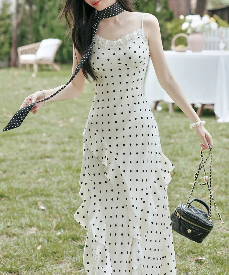 Lucy Coquette Polka Dot Maxi Dress 2-Piece Set (Dress+Scarf)