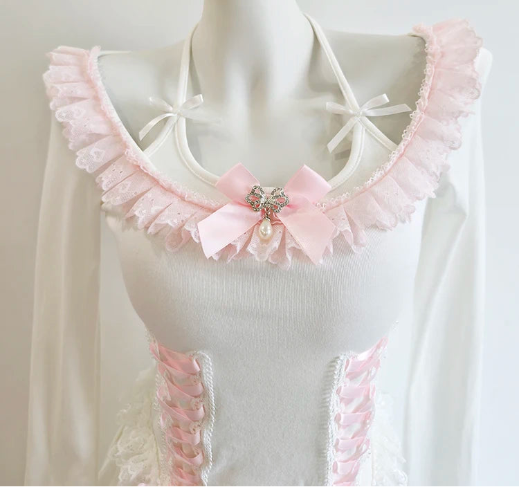 Pink/White Coquette Long Sleeve Lace-Up Kawaii Top