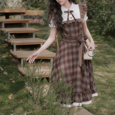 Cocoa Garden Dark Cottagecore Plaid Dress