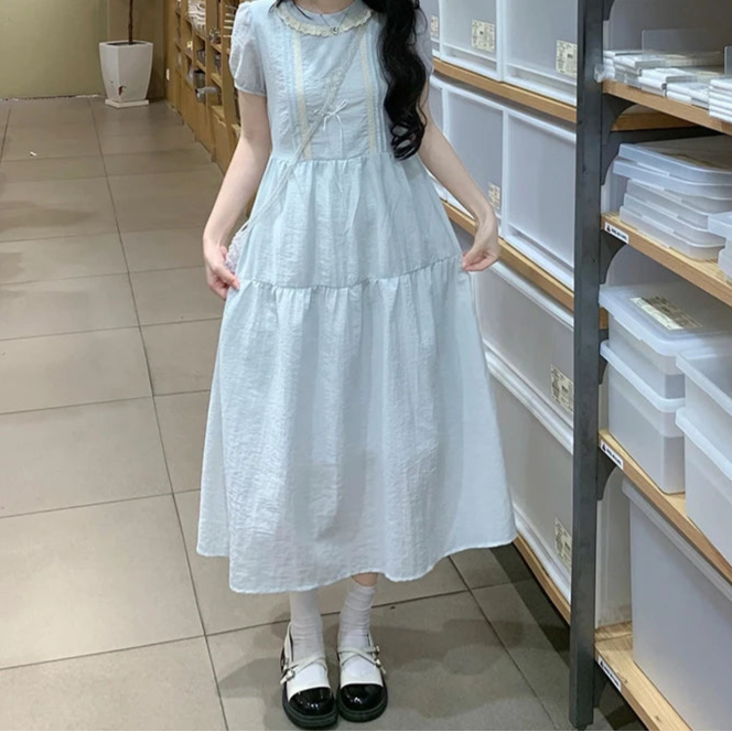 Lily of the Valley Embroidered Baby-Blue Dollcore Dress