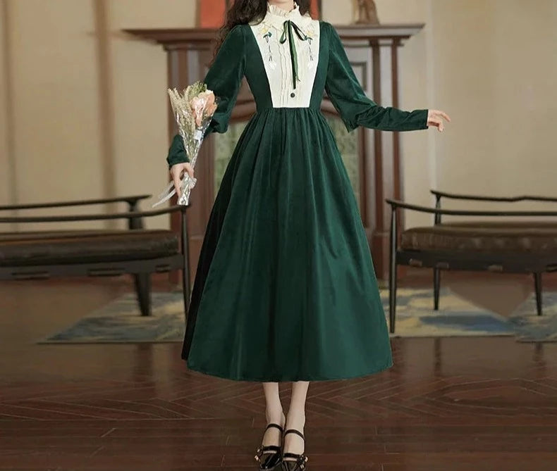 Green Vintage Velvet Dress with Embroidery Holiday Dress Holiday