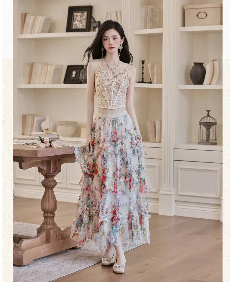 Elainna 3-Piece Outfit - Lace Bustier Top + Floral Ruffle Skirt + Cardigan