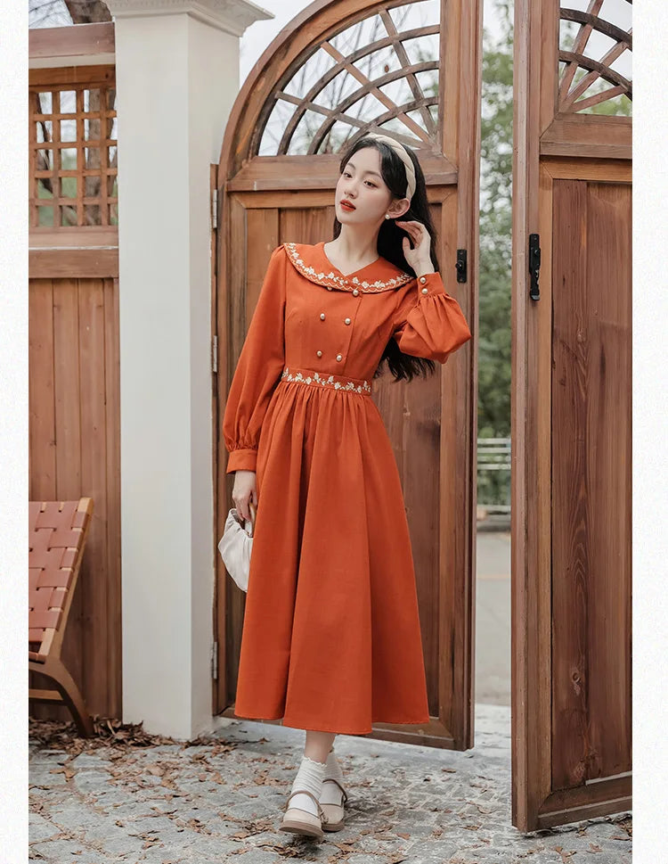 Sunset Rain Vintage-style Cottagecore Dress with Embroidery