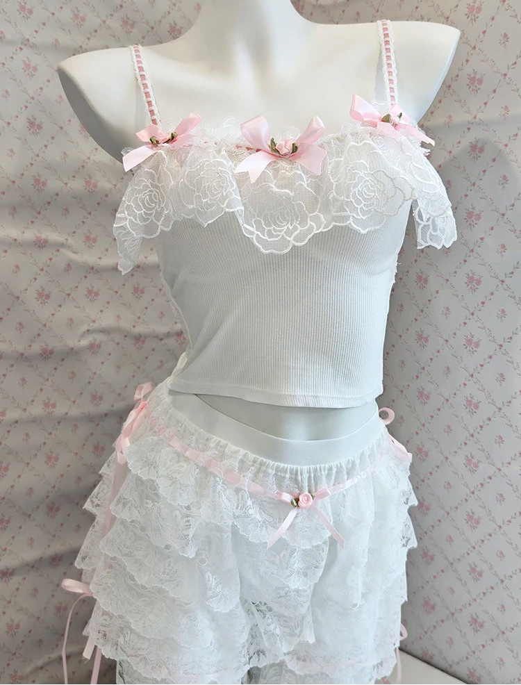 Lace & Ribbon Rose Coquette Crop Top