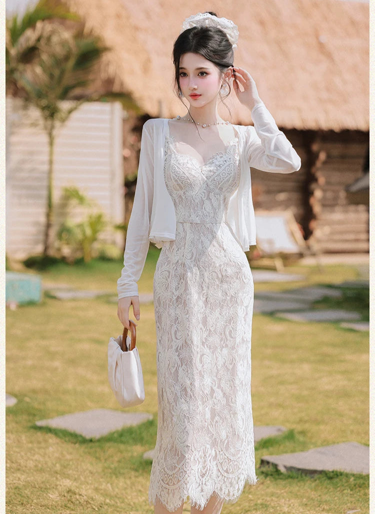 mid length white lace dress White Lace Long Sleeves V-Neck Homecoming Dresses Off The Shoulder