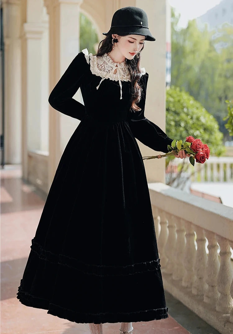 Romantic Goth Dress Black Velvet Victorian Vintage Dress Dark Romantic Romantic Goth Dress Black Velvet Victorian Vintage Dress Dark Romantic
