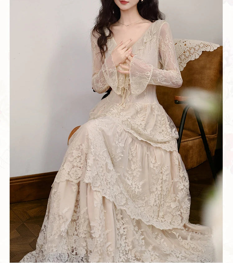 Estelia Romantic Royalcore Vintage-Style Lace Dress