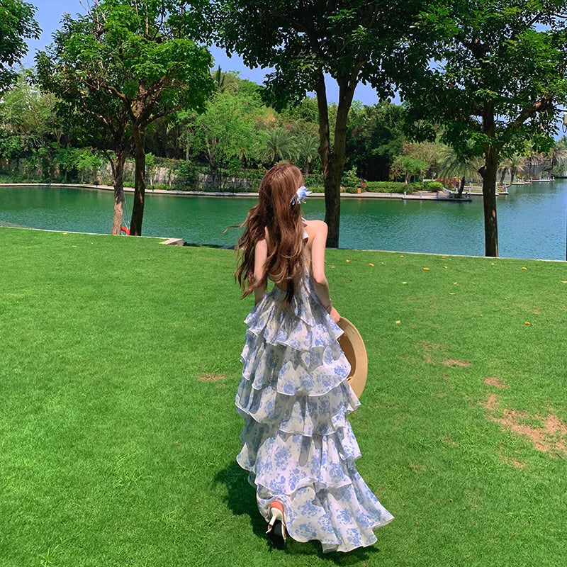 Blue Floral Fairycore Coquette Maxi Dress