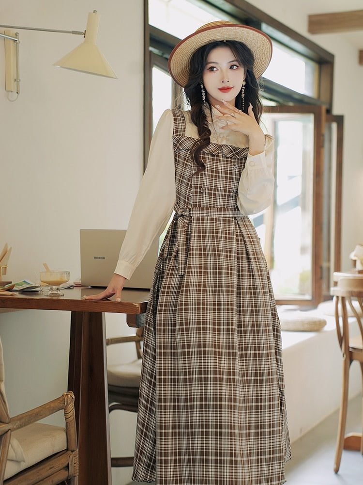 In History Class Dark Academia Wool Plaid Dress with Belt