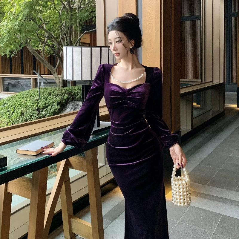 Purple Roseriver Pearl Chain Velvet Dress